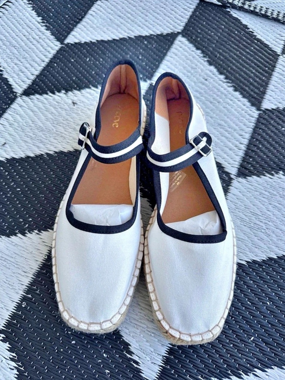 Maeve Mary Jane Espadrille Flats White & Black